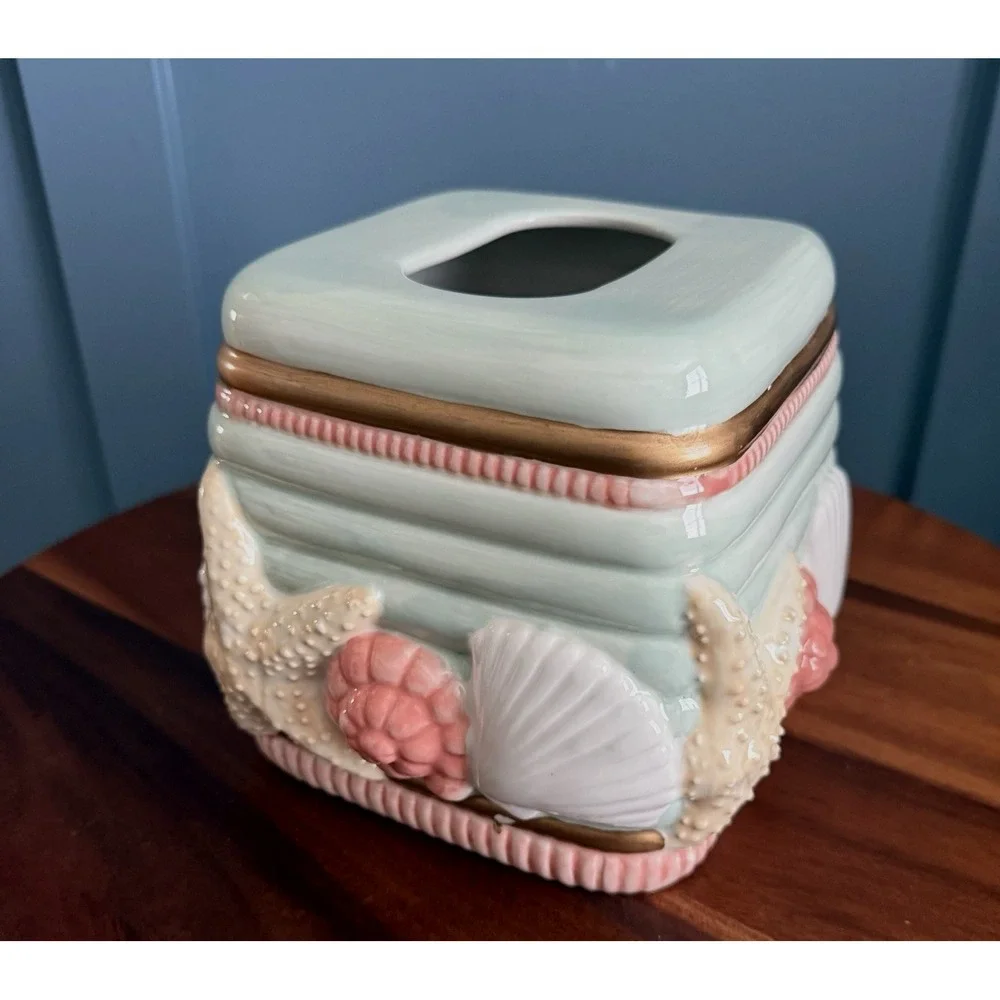 Vintage 80's Seashell Tissue Box Cover Sharry Holiday Coastal Pastel Ceramic